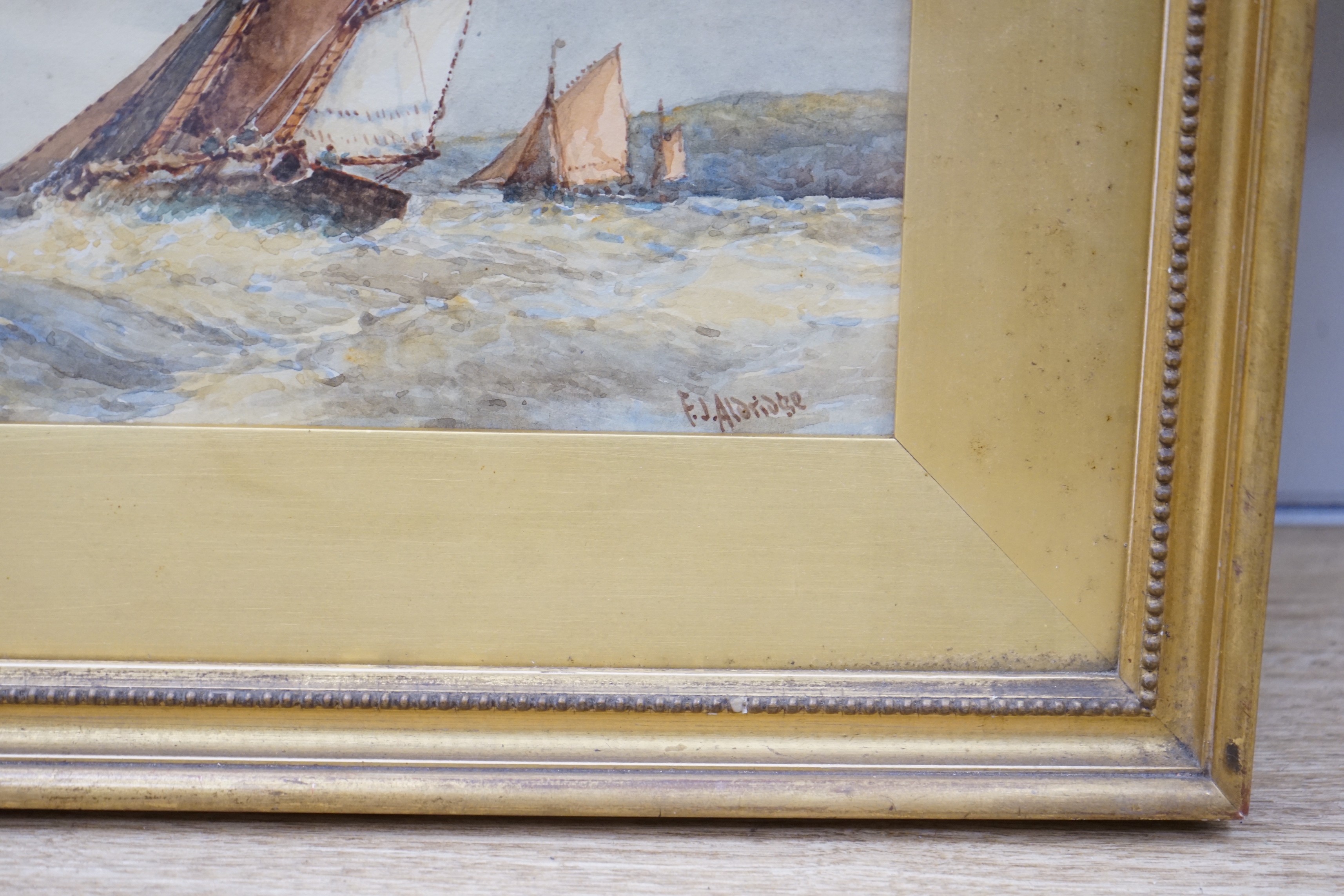 Frederick James Aldridge (1850-1893), watercolour, Fishing boats off the coast, signed, 17 x 24cm